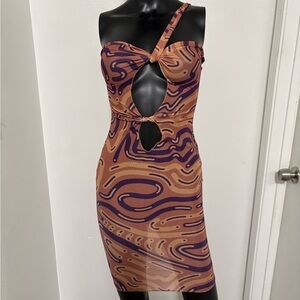 Asymmetric Cutout Swim Coverup Dress in Brown and Purple Small NWT